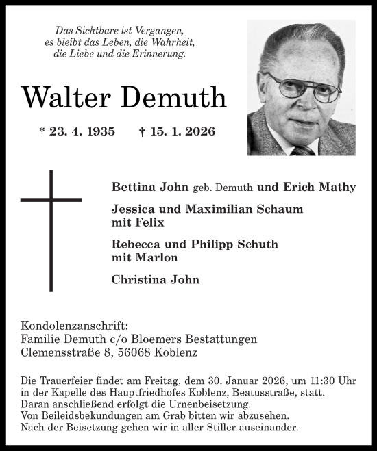 Traueranzeige von Walter Demuth von Rhein-Zeitung