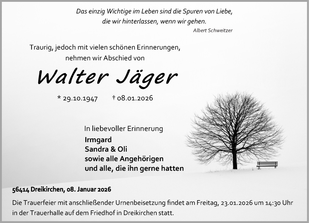  Traueranzeige für Walter Jäger vom 17.01.2026 aus Westerwälder Zeitung