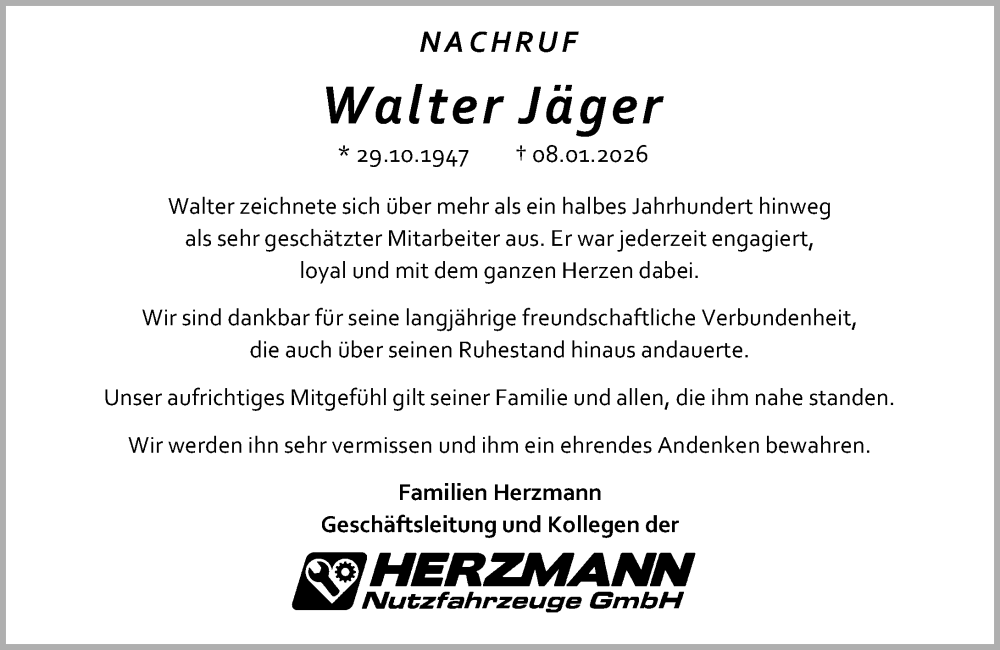  Traueranzeige für Walter Jäger vom 17.01.2026 aus Westerwälder Zeitung