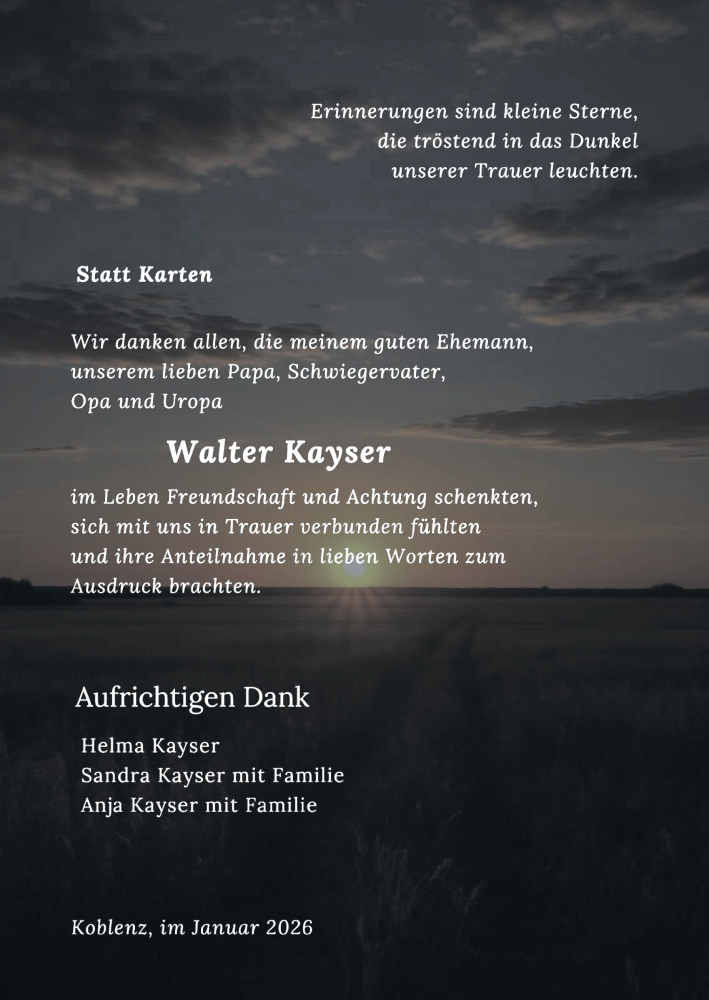  Traueranzeige für Walter Kayser vom 17.01.2026 aus Rhein-Zeitung