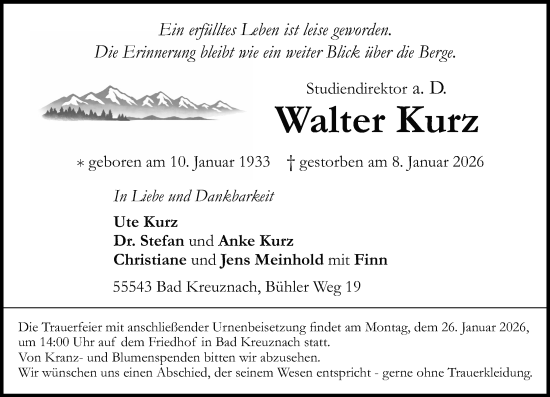 Traueranzeige von Walter Kurz von Oeffentlicher Anzeiger