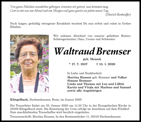 Traueranzeige von Waltraud Bremser von Rhein-Lahn-Zeitung