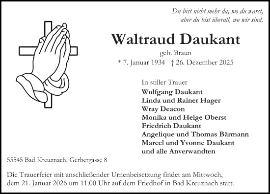 Traueranzeige von Waltraud Daukant von Oeffentlicher Anzeiger