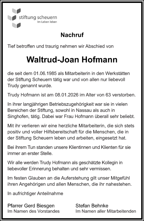 Traueranzeige von Waltrud-Joan Hofmann von Rhein-Lahn-Zeitung