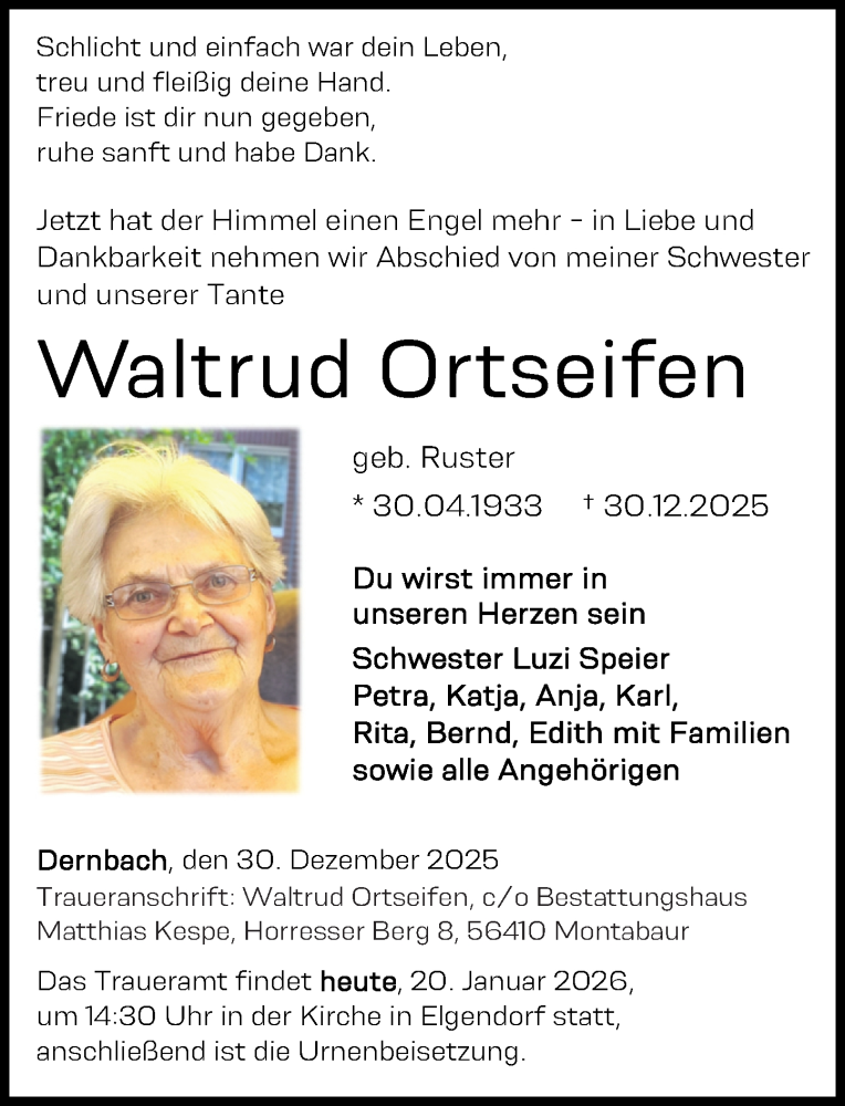  Traueranzeige für Waltruud Ortseifen vom 20.01.2026 aus Westerwälder Zeitung