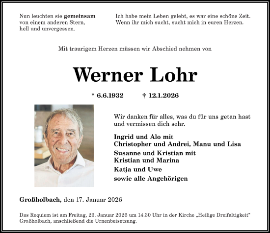Traueranzeige von Werner Lohr von Westerwälder Zeitung