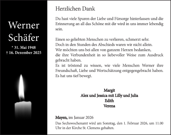 Traueranzeige von Werner Schäfer von Rhein-Zeitung