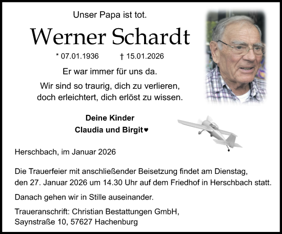 Traueranzeige von Werner Schardt von Rhein-Zeitung, Westerwälder Zeitung