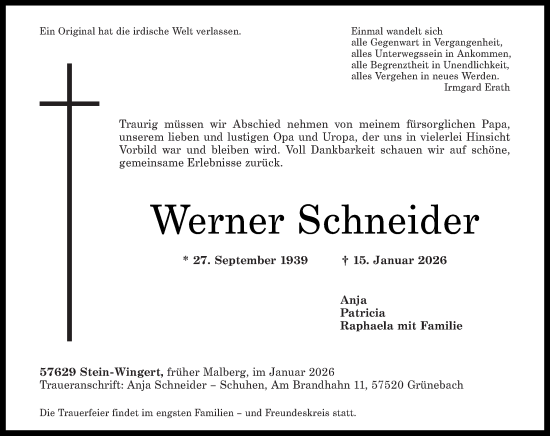 Traueranzeige von Werner Schneider von Rhein-Zeitung