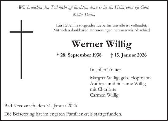 Traueranzeige von Werner Willig von Oeffentlicher Anzeiger