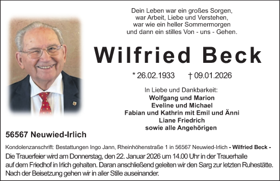 Traueranzeige von Wilfried Beck von Rhein-Zeitung