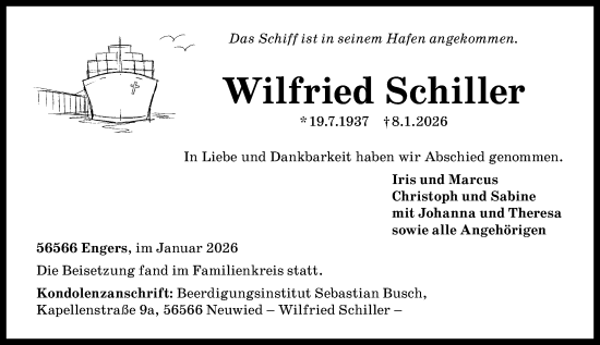 Traueranzeige von Wilfried Schiller von Rhein-Zeitung