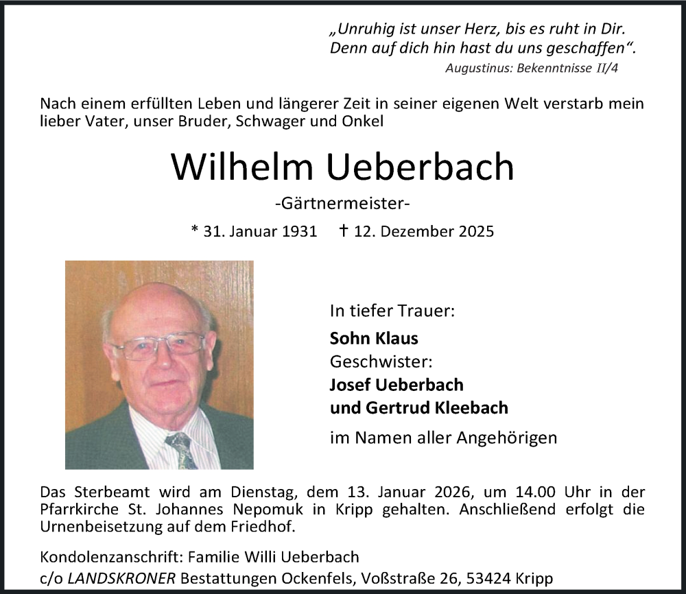  Traueranzeige für Wilhelm Ueberbach vom 03.01.2026 aus Rhein-Zeitung
