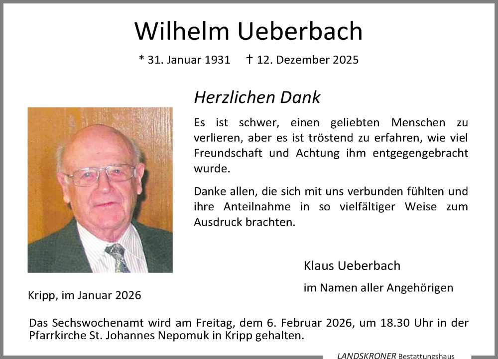  Traueranzeige für Wilhelm Ueberbach vom 31.01.2026 aus Rhein-Zeitung