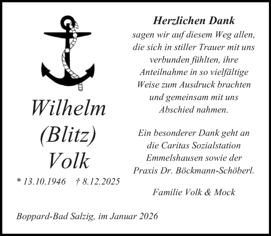 Traueranzeige von Wilhelm Volk von Rhein-Hunsrück-Zeitung