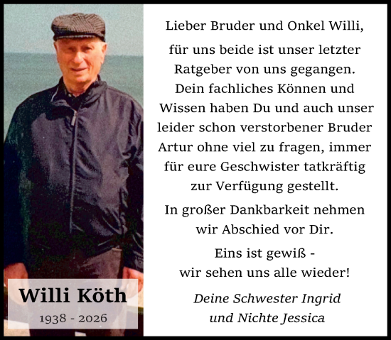 Traueranzeige von Willi Köth von Westerwälder Zeitung