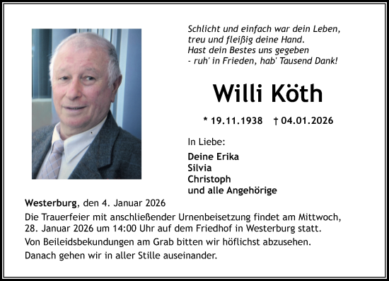 Traueranzeige von Willi Köth von Westerwälder Zeitung