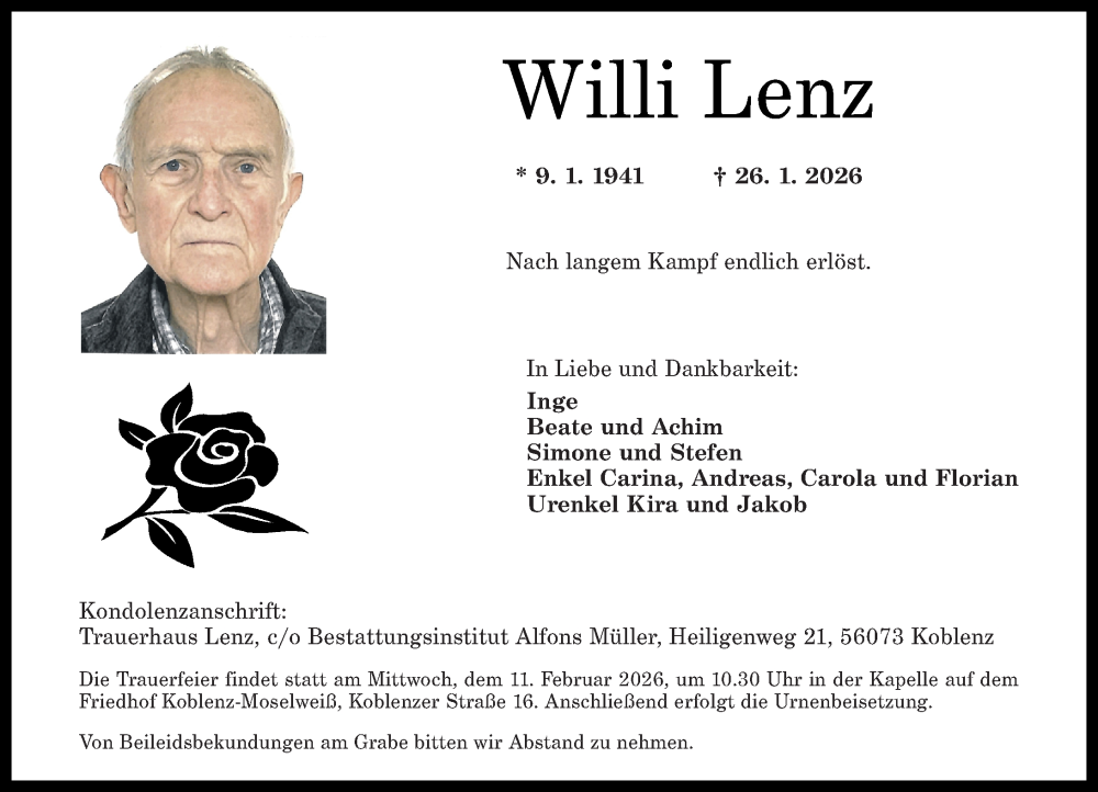  Traueranzeige für Willi Lenz vom 31.01.2026 aus Rhein-Zeitung