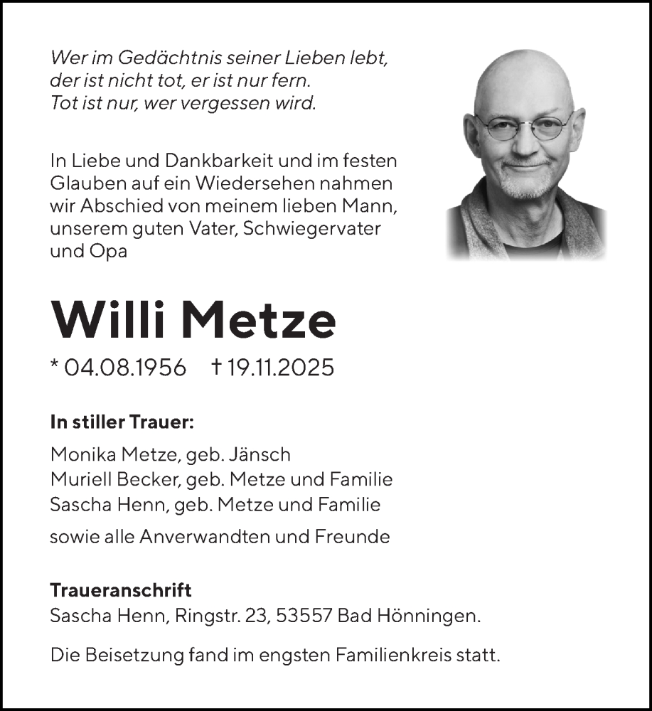  Traueranzeige für Willi Metze vom 17.01.2026 aus Oeffentlicher Anzeiger