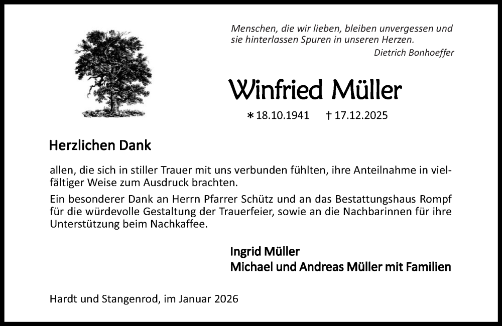  Traueranzeige für Winfried Müller vom 31.01.2026 aus Westerwälder Zeitung