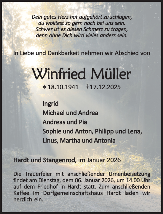 Traueranzeige von Winfried Müller von Westerwälder Zeitung