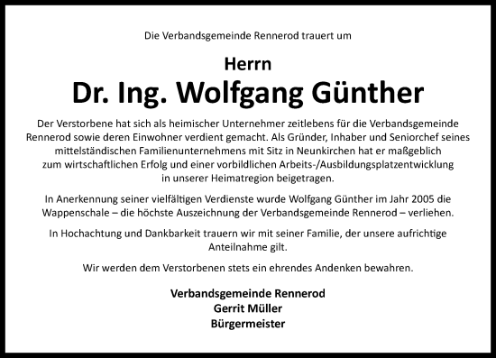 Traueranzeige von Wolfgang Günther von Westerwälder Zeitung