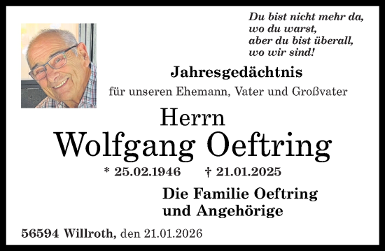 Traueranzeige von Wolfgang Oeftring von Rhein-Zeitung