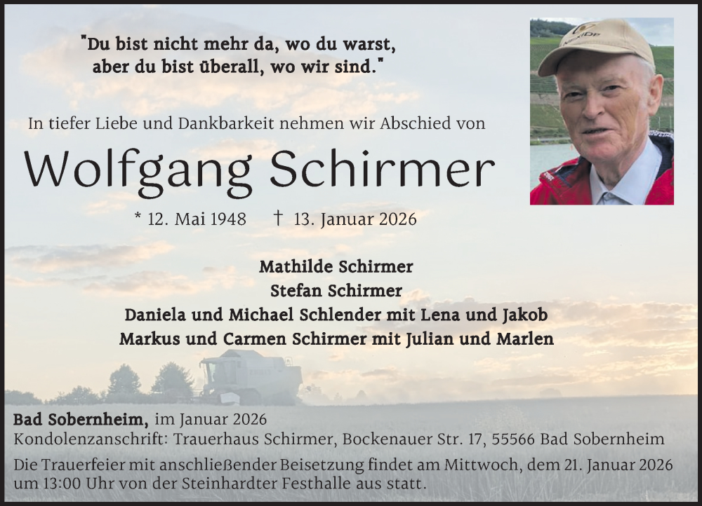  Traueranzeige für Wolfgang Schirmer vom 17.01.2026 aus Oeffentlicher Anzeiger