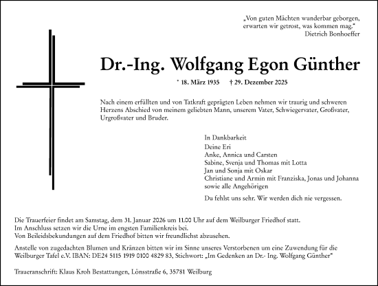 Traueranzeige von Wolfgang Egon Günther von Westerwälder Zeitung