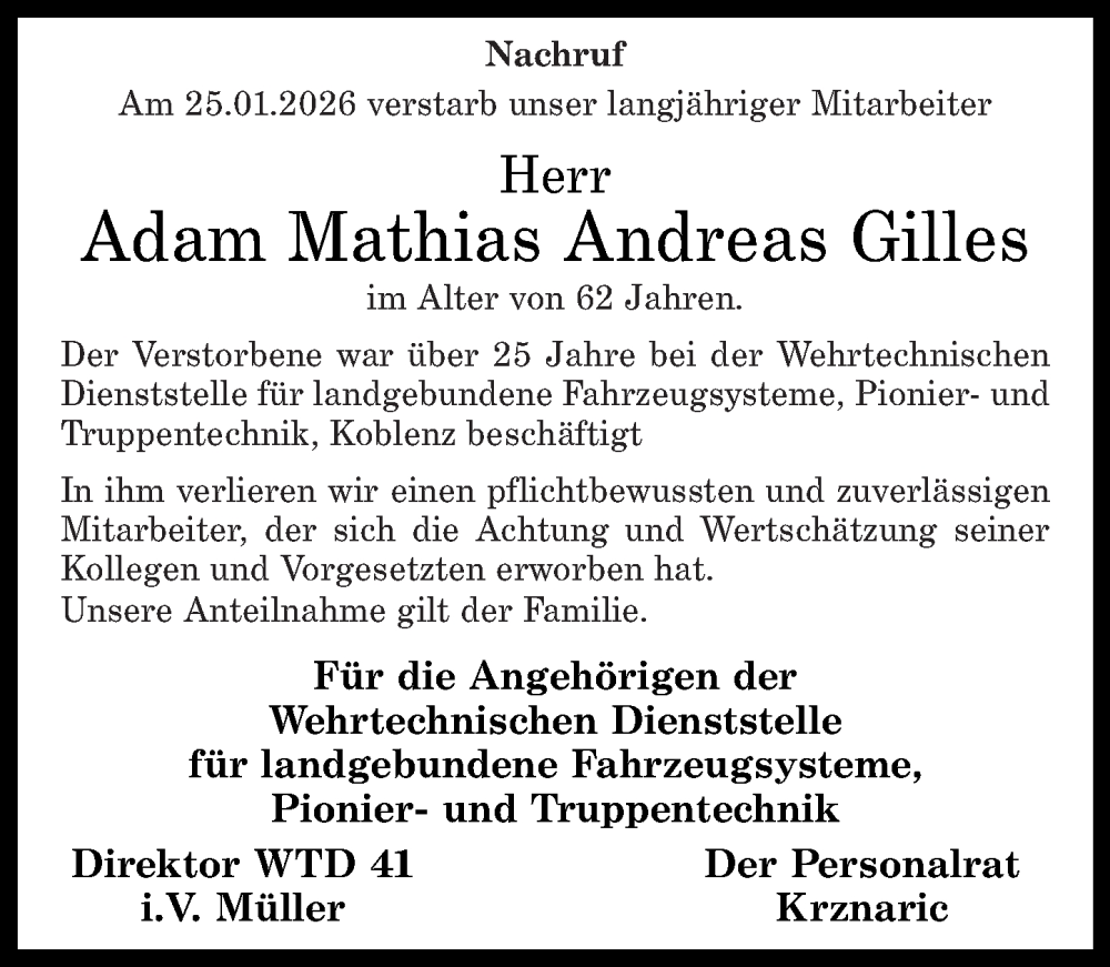  Traueranzeige für Adam Mathias Andreas Gilles vom 06.02.2026 aus Westerwälder Zeitung