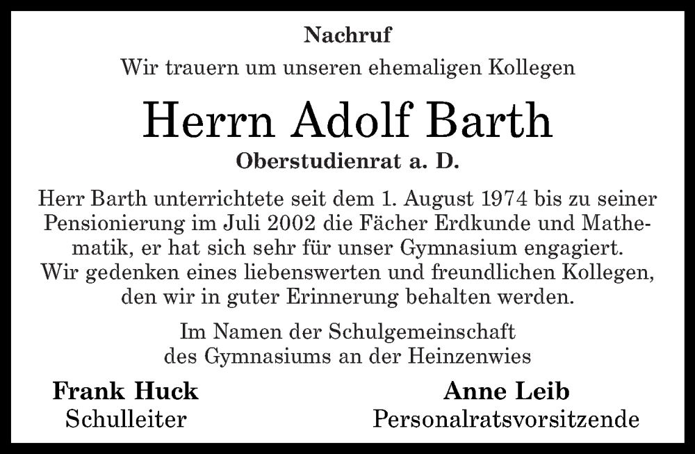  Traueranzeige für Adolf Barth vom 11.02.2026 aus Nahe-Zeitung