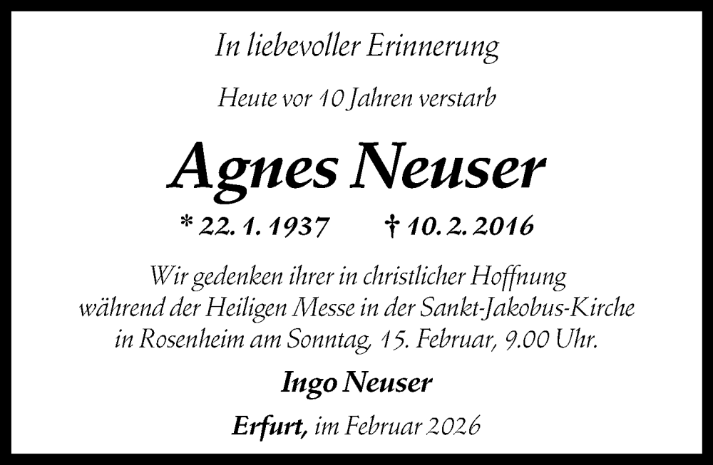  Traueranzeige für Agnes Neuser vom 10.02.2026 aus Rhein-Zeitung