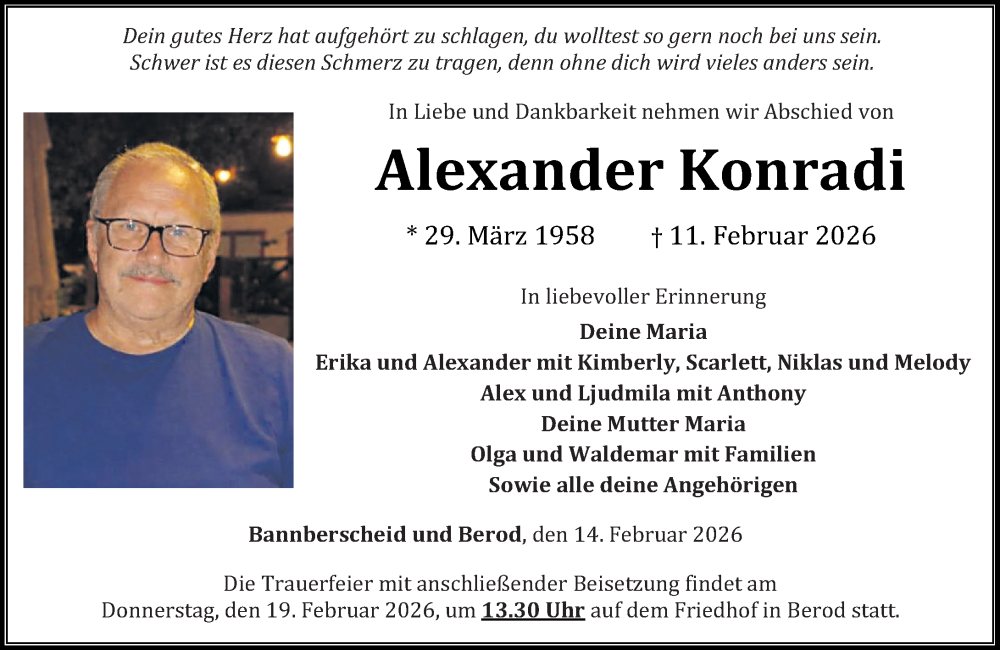  Traueranzeige für Alexander Konradi vom 14.02.2026 aus Westerwälder Zeitung