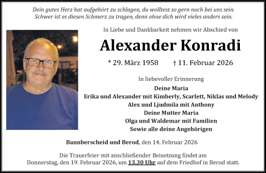 Traueranzeige von Alexander Konradi von Westerwälder Zeitung
