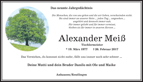 Traueranzeige von Alexander Meiß von Rhein-Zeitung