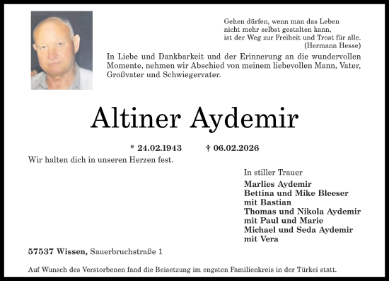 Traueranzeige von Altiner Aydemir von Rhein-Zeitung