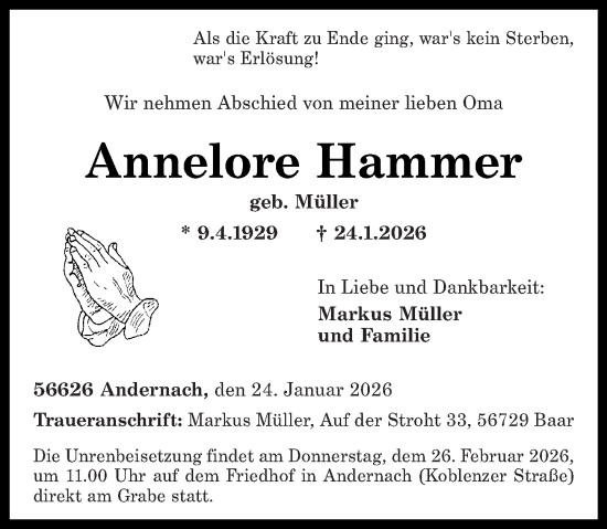 Traueranzeige von Annelore Hammer von Rhein-Zeitung