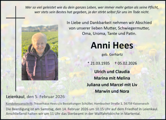 Traueranzeige von Anni Hees von Rhein-Zeitung