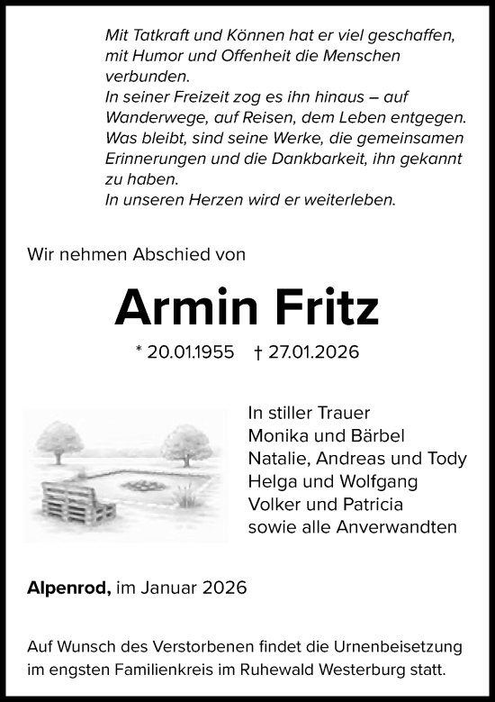 Traueranzeige von Armin Fritz von Westerwälder Zeitung