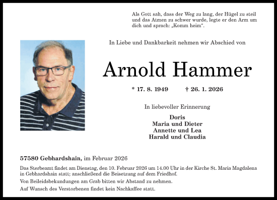 Traueranzeige von Arnold Hammer von Rhein-Zeitung