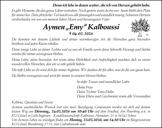 Traueranzeige von Aymen Kalboussi von Rhein-Zeitung