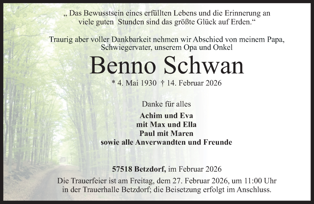  Traueranzeige für Benno Schwan vom 19.02.2026 aus Rhein-Zeitung