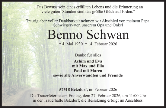Traueranzeige von Benno Schwan von Rhein-Zeitung