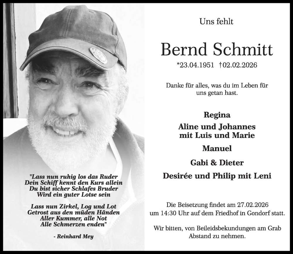  Traueranzeige für Bernd Schmitt vom 07.02.2026 aus Rhein-Zeitung