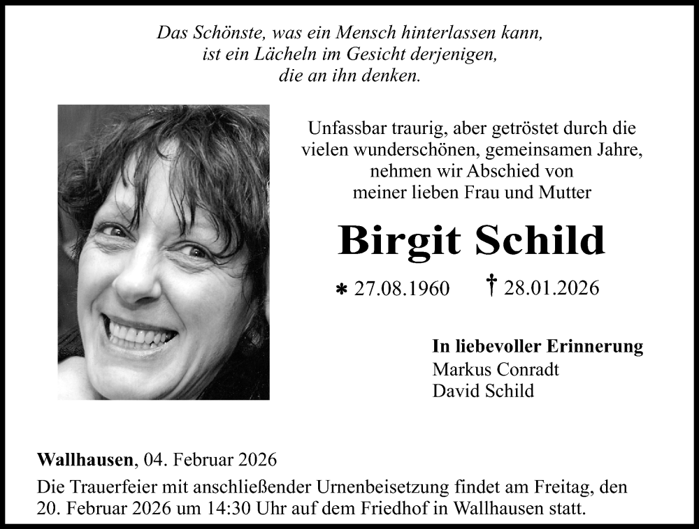  Traueranzeige für Birgit Schild vom 04.02.2026 aus Oeffentlicher Anzeiger