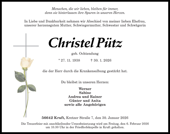 Traueranzeige von Christel Pütz von Rhein-Zeitung