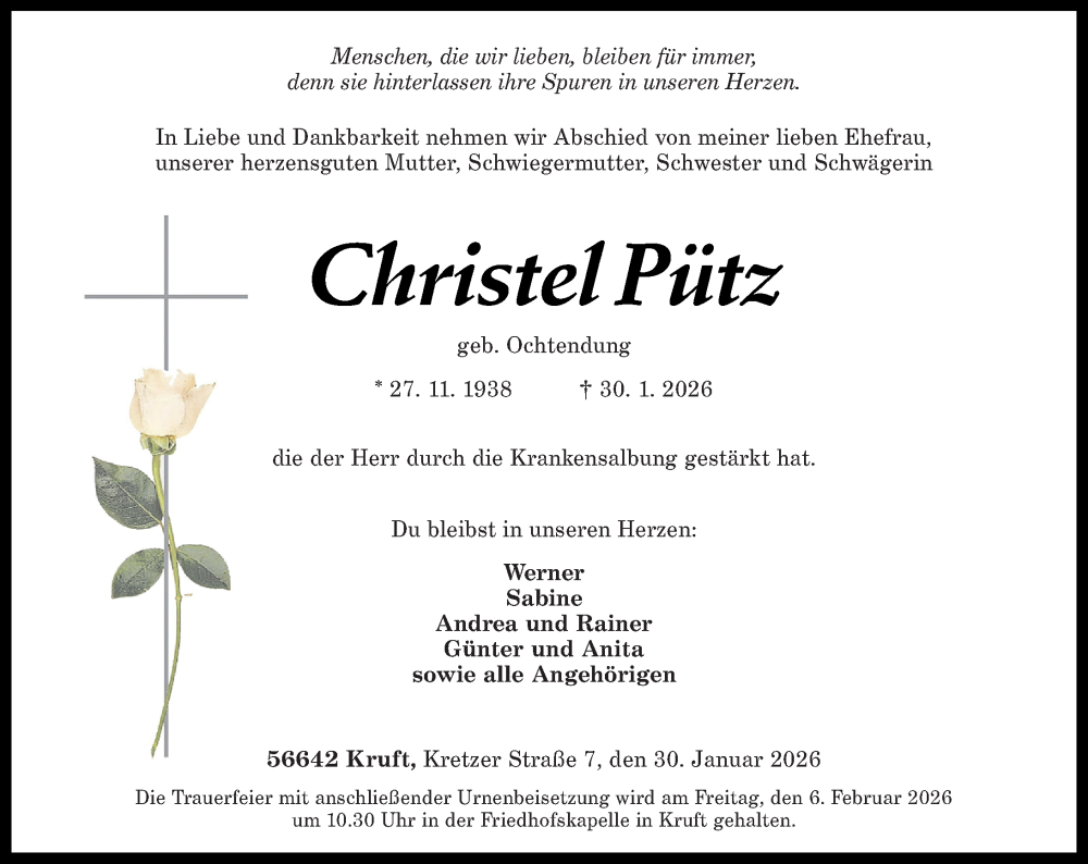  Traueranzeige für Christel Pütz vom 04.02.2026 aus Rhein-Zeitung