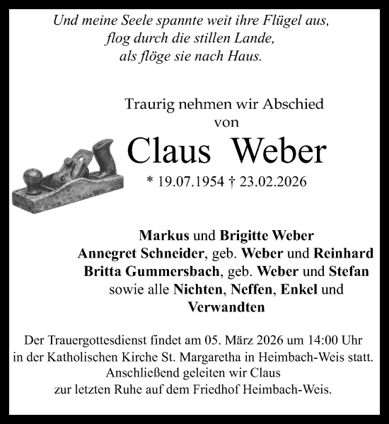 Traueranzeige von Claus Weber von Rhein-Zeitung