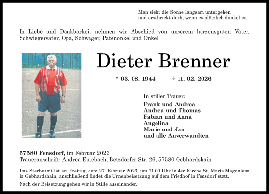 Traueranzeige von Dieter Brenner von Rhein-Zeitung