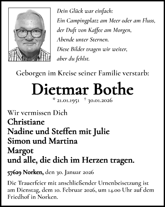 Traueranzeige von Dietmar Bothe von Westerwälder Zeitung